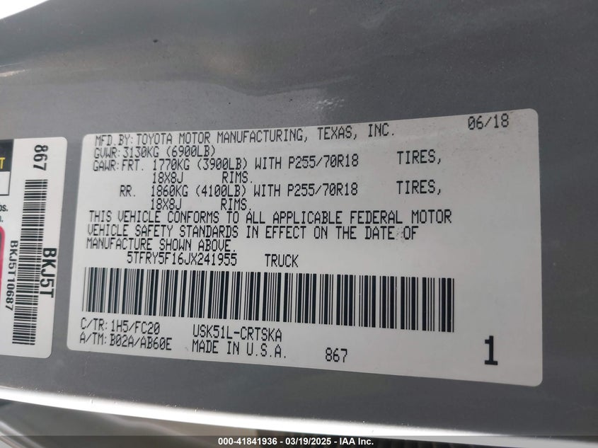 2018 TOYOTA TUNDRA SR5 5.7L V8 - 5TFRY5F16JX241955