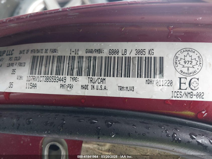 2011 RAM RAM 1500 VIN: 1D7RV1CT3BS593449