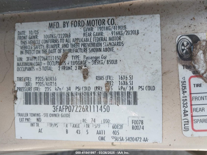 2006 FORD FUSION VIN: 3FAFP07Z26R111450