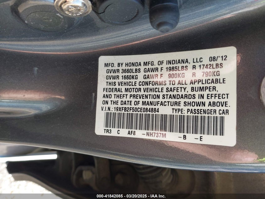2012 HONDA CIVIC VIN: 19XFB2F50CE084884
