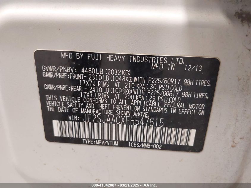 2014 Subaru Forester 2.5I VIN: JF2SJAACXEH547615 Lot: 41842087