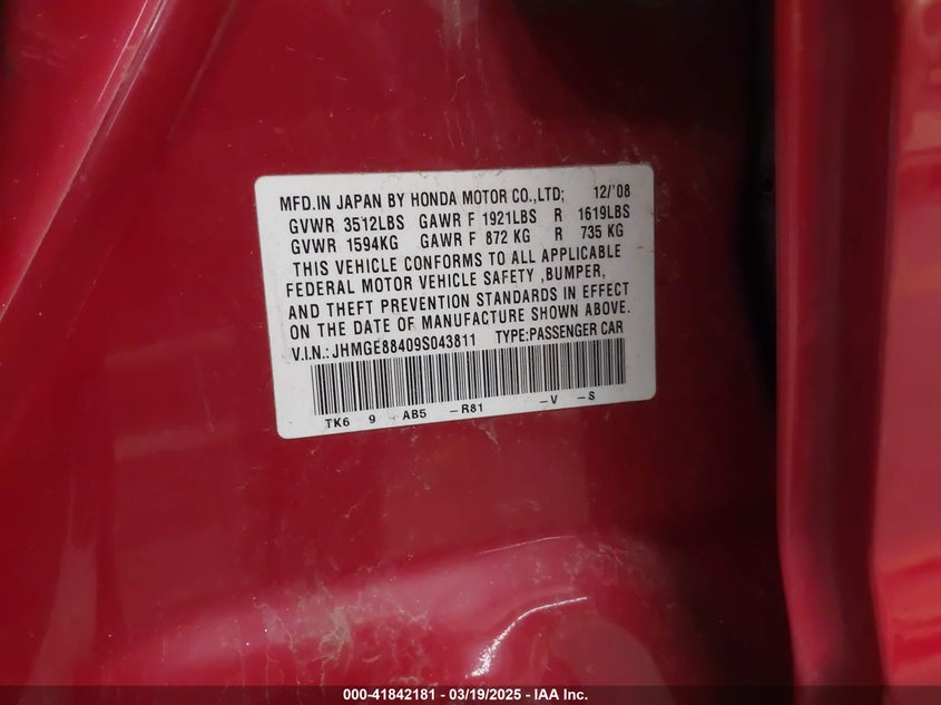 2009 HONDA FIT VIN: JHMGE88409S043811