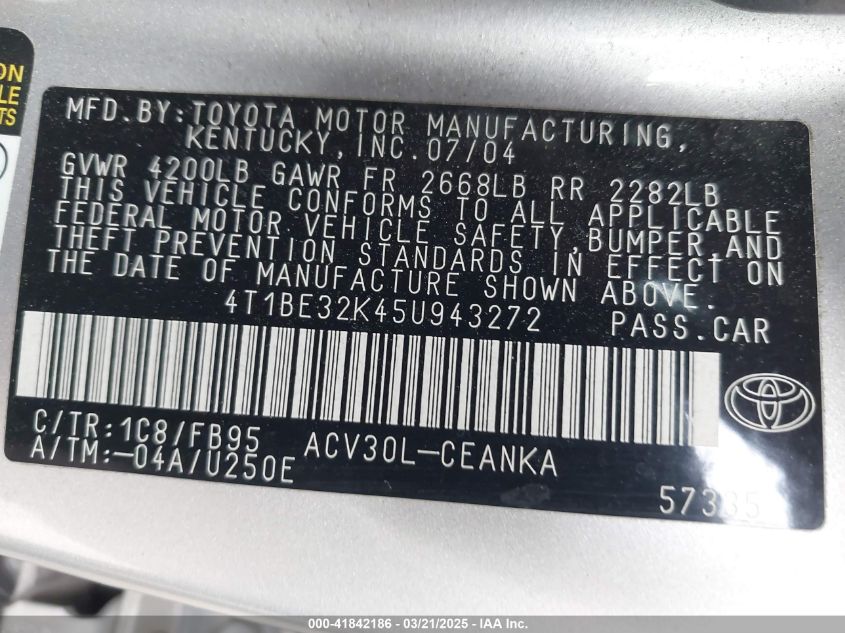 2005 Toyota Camry Le VIN: 4T1BE32K45U943272 Lot: 43372289