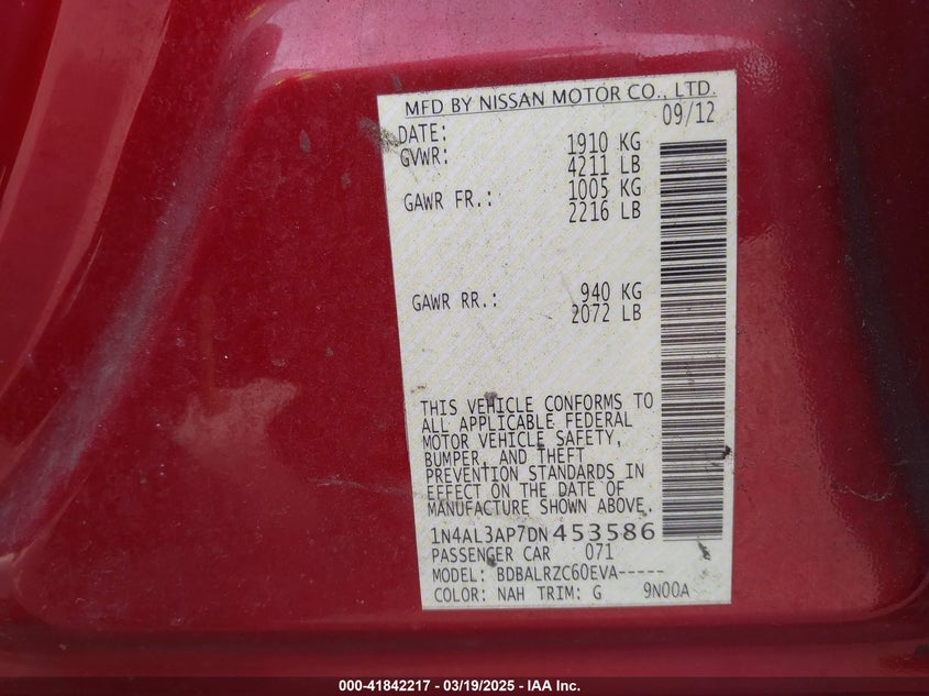2013 NISSAN ALTIMA VIN: 1N4AL3AP7DN453586