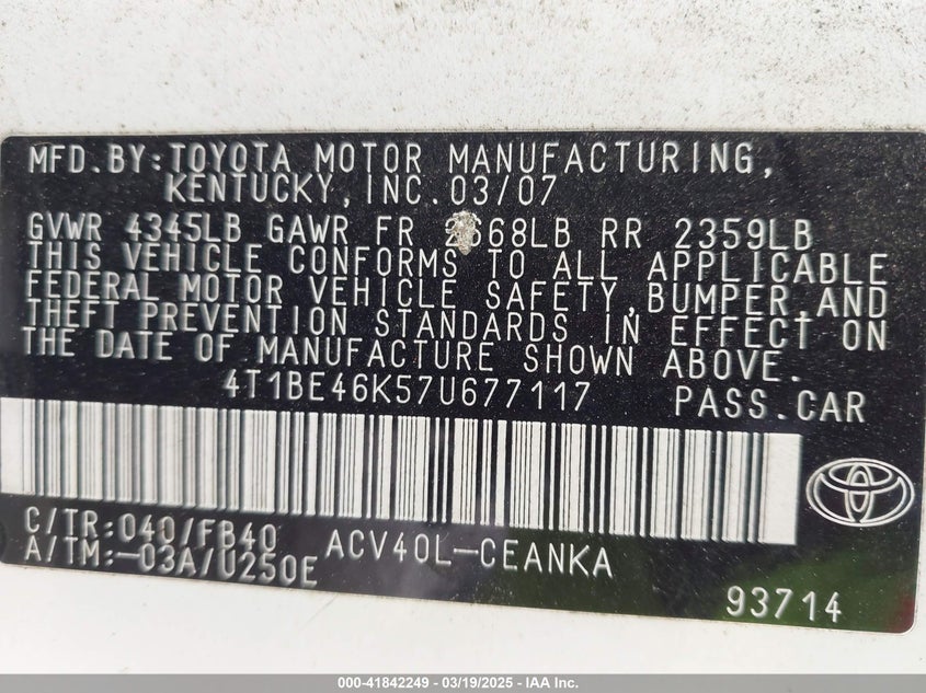 2007 Toyota Camry Le VIN: 4T1BE46K57U677117 Lot: 41842249