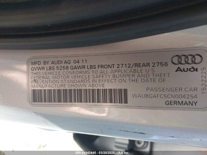 2012 Audi A6 3.0 Premium VIN: WAUBGAFC5CN004254 Lot: 41842445