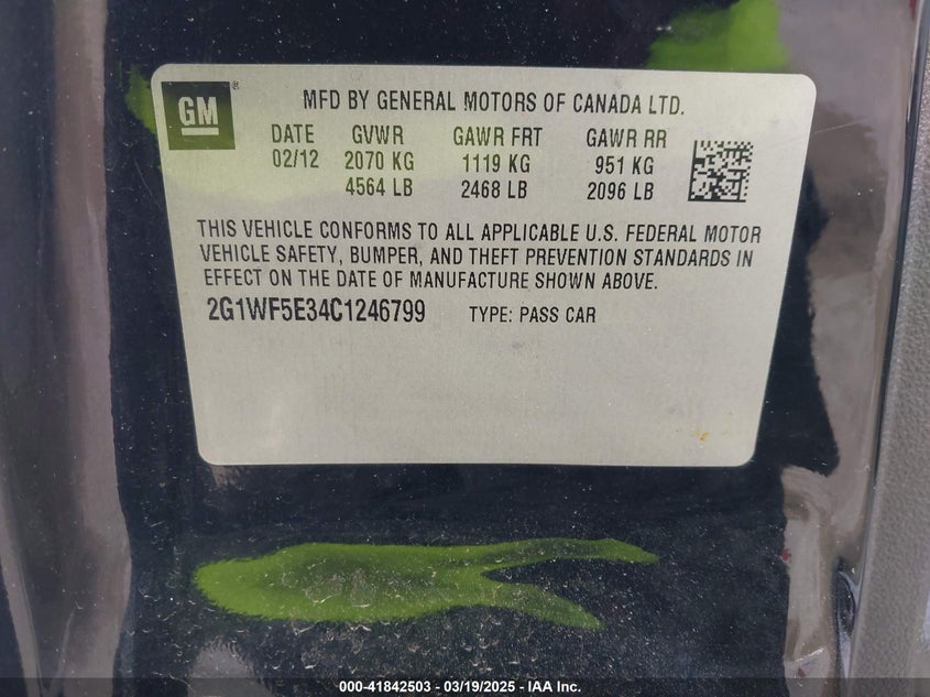 2012 CHEVROLET IMPALA VIN: 2G1WF5E34C1246799