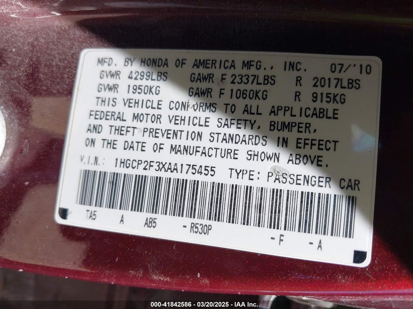 2010 HONDA ACCORD VIN: 1HGCP2F3XAA175455