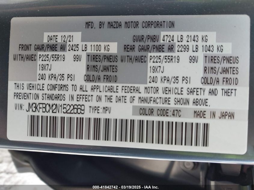 Mazda CX-5 2.5 S CARBON EDITION 2022 VIN JM3KFBCM2N1522669
