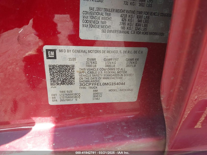 2021 CHEVROLET SILVERADO VIN: 3GCPYFEL0MG154044