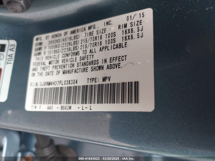 2015 HONDA CR-V LX - 5J6RM4H37FL036304