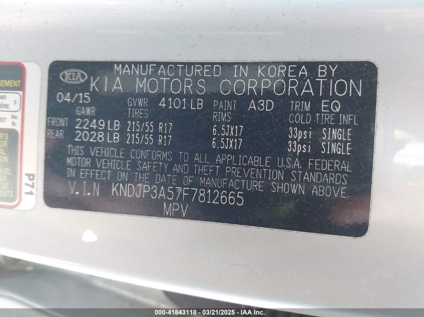 2015 Kia Soul + VIN: KNDJP3A57F7812665 Lot: 41843118