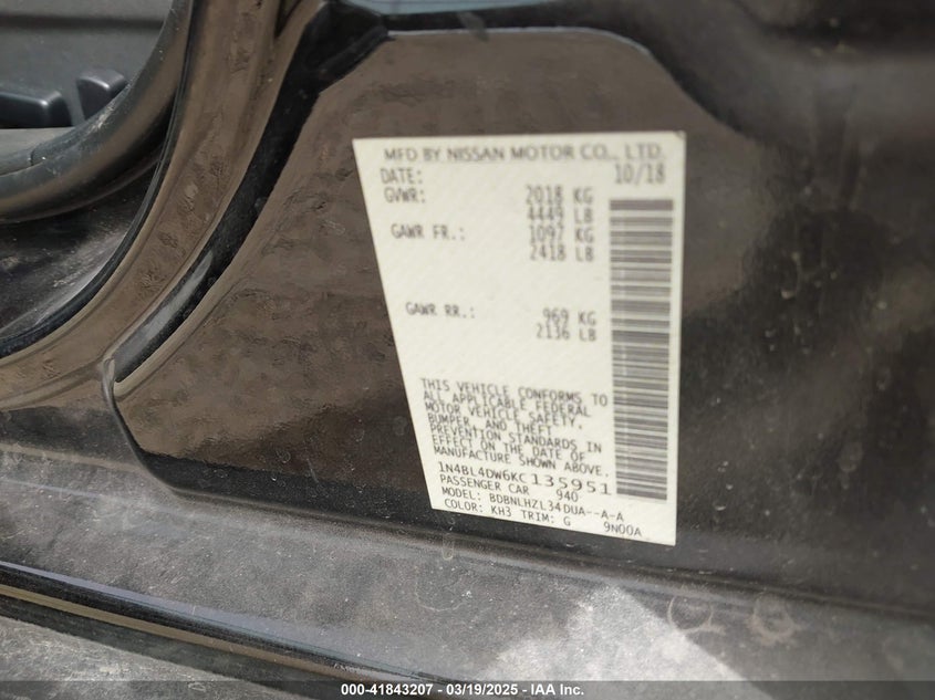 2019 NISSAN ALTIMA VIN: 1N4BL4DW6KC135951