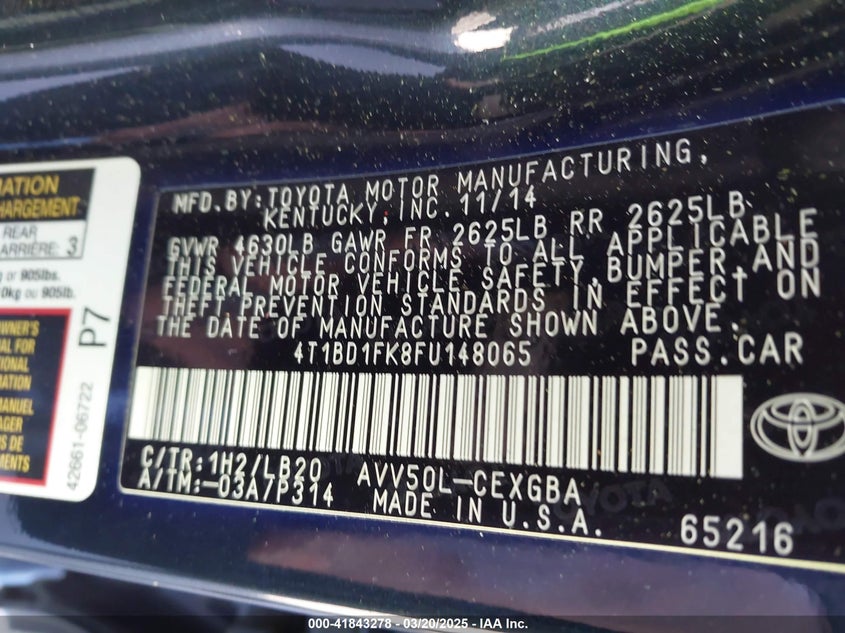 2015 TOYOTA CAMRY HYBRID VIN: 4T1BD1FK8FU148065