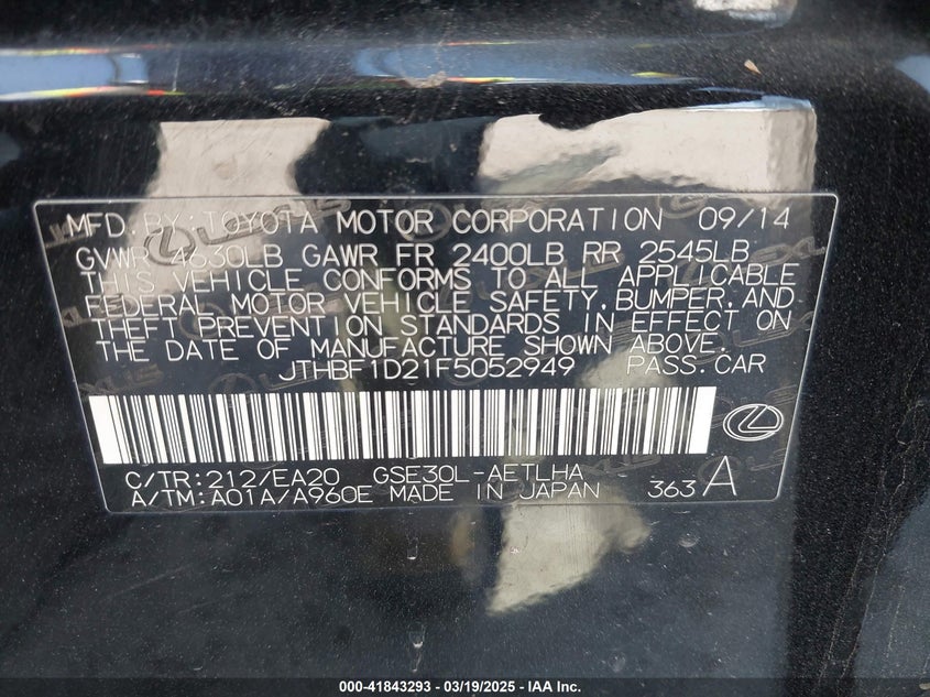 2015 LEXUS IS 250 VIN: JTHBF1D21F5052949