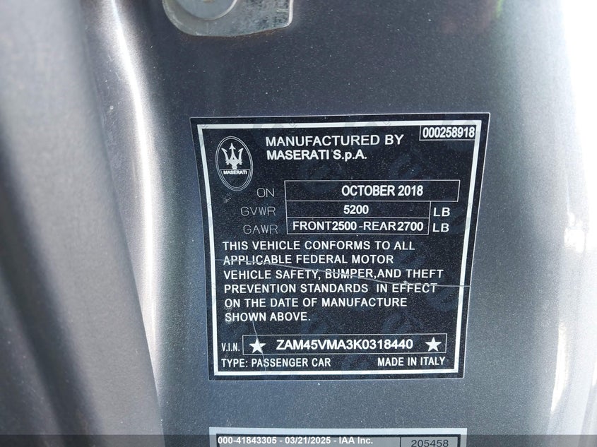 2019 MASERATI GRANTURISMO VIN: ZAM45VMA3K0318440