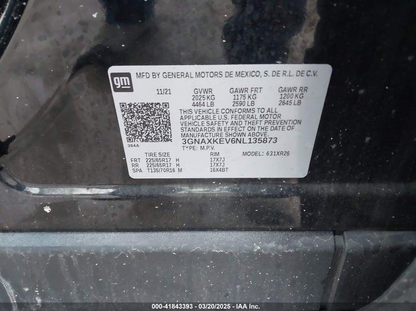 2022 CHEVROLET EQUINOX VIN: 3GNAXKEV6NL135873