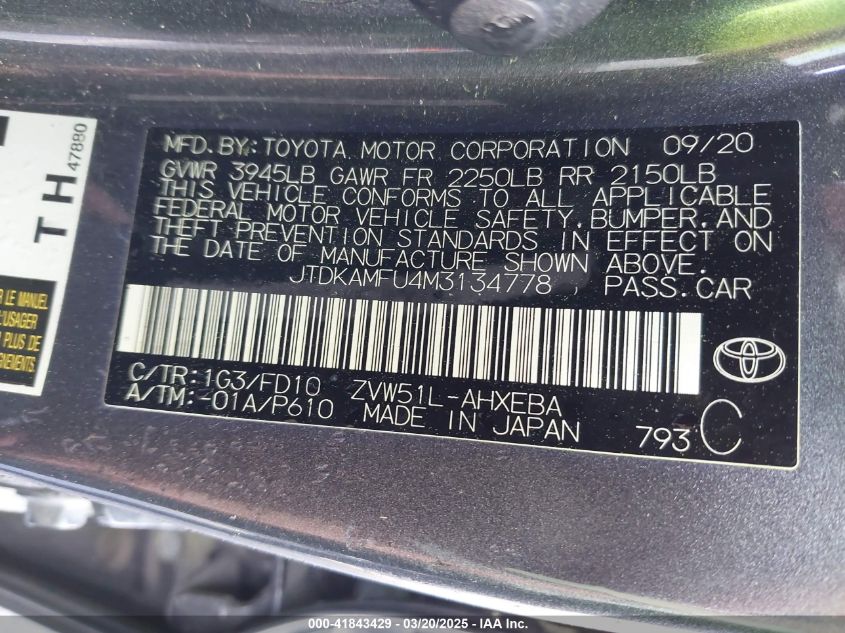 2021 Toyota Prius Le VIN: JTDKAMFU4M3134778 Lot: 41843429