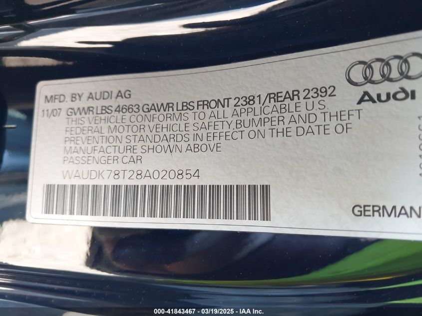 2008 Audi A5 3.2L VIN: WAUDK78T28A020854 Lot: 41843467