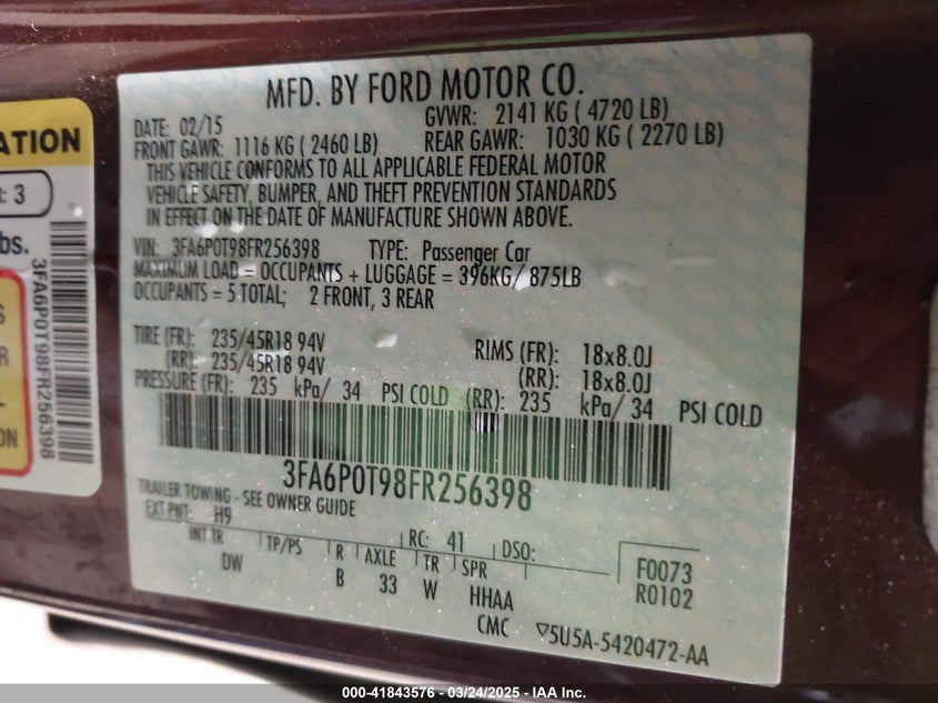 2015 FORD FUSION VIN: 3FA6P0T98FR256398