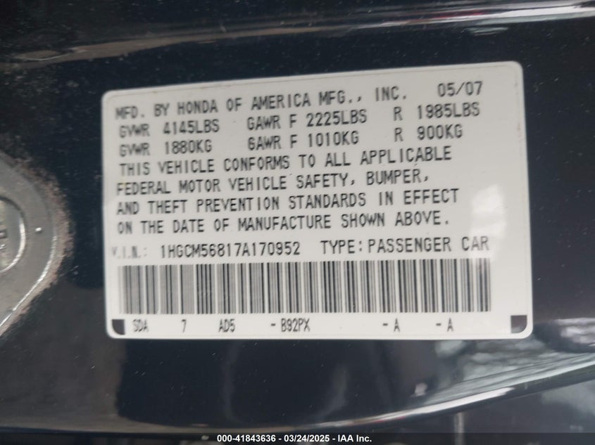 2007 HONDA ACCORD VIN: 1HGCM56817A170952