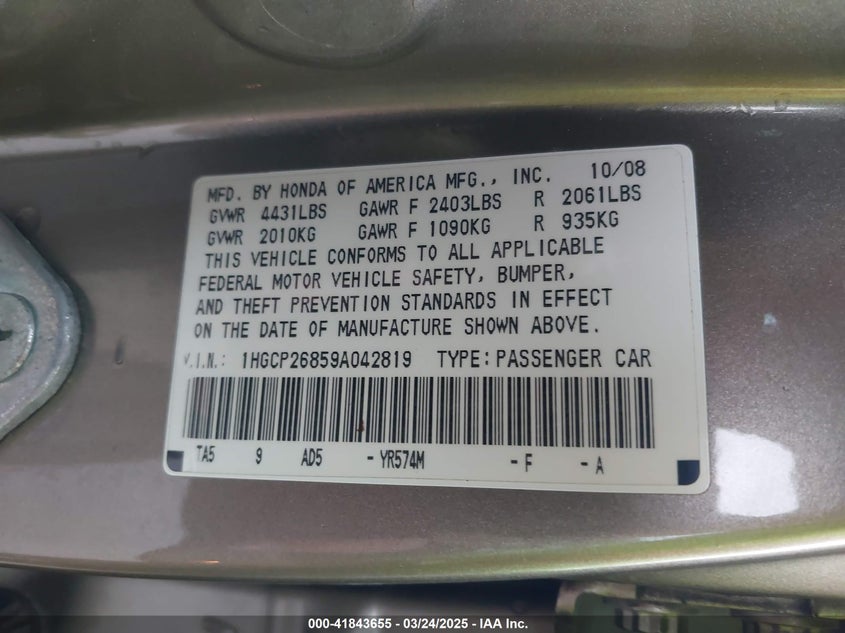2009 HONDA ACCORD VIN: 1HGCP26859A042819