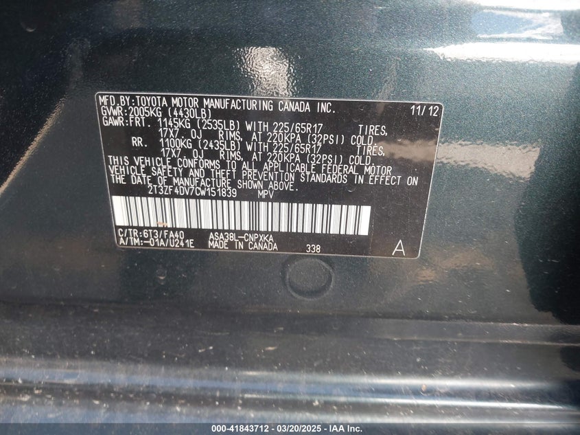 2012 TOYOTA RAV4 VIN: 2T3ZF4DV7CW151839