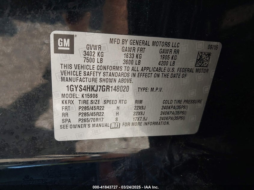 2016 CADILLAC ESCALADE VIN: 1GYS4HKJ7GR148020
