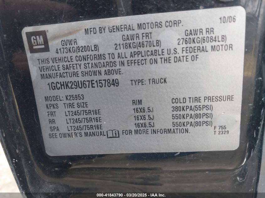 2007 Chevrolet Silverado 2500Hd Classic Work Truck VIN: 1GCHK29U67E157849 Lot: 41843790