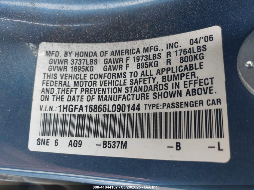 2006 HONDA CIVIC VIN: 1HGFA16866L090144