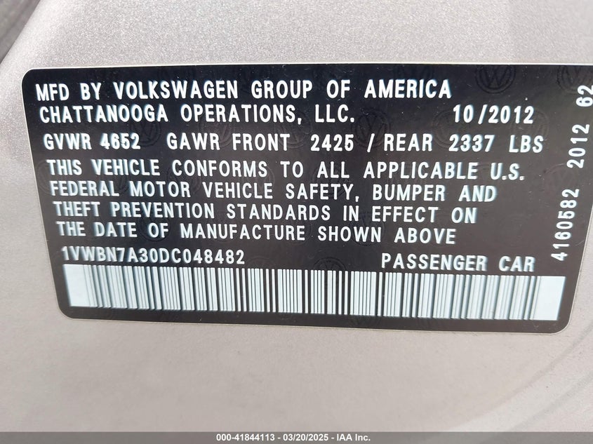 2013 VOLKSWAGEN PASSAT VIN: 1VWBN7A30DC048482