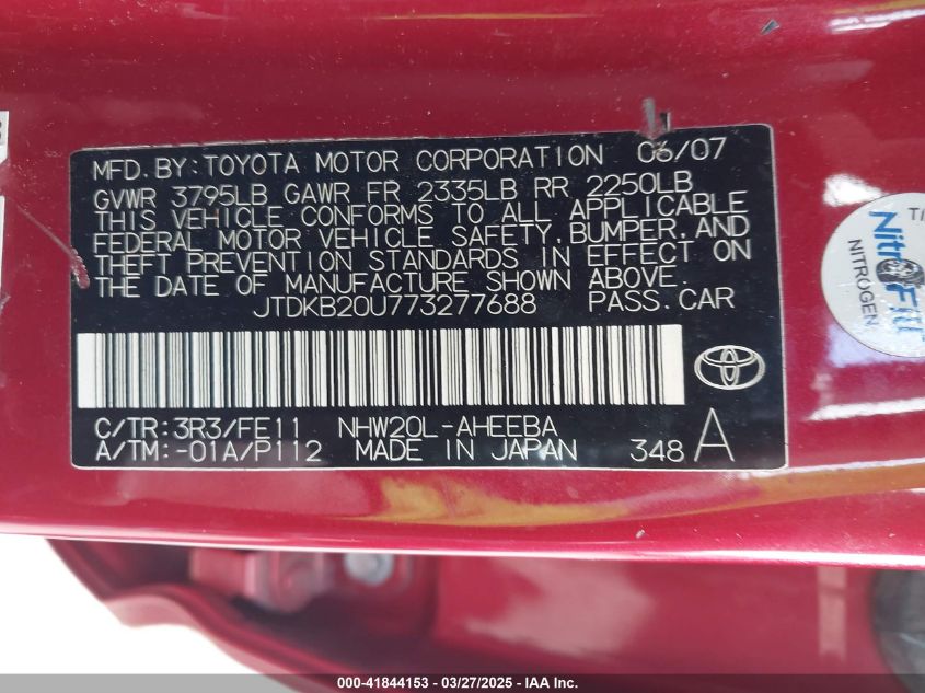2007 Toyota Prius VIN: JTDKB20U773277688 Lot: 41844153