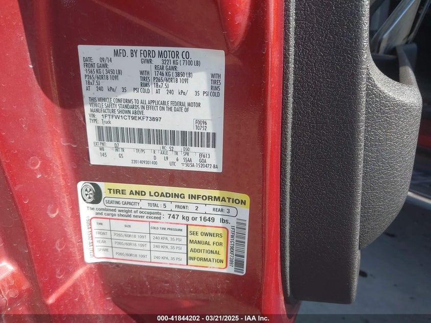 2014 FORD F-150 VIN: 1FTFW1CT9EKF73897