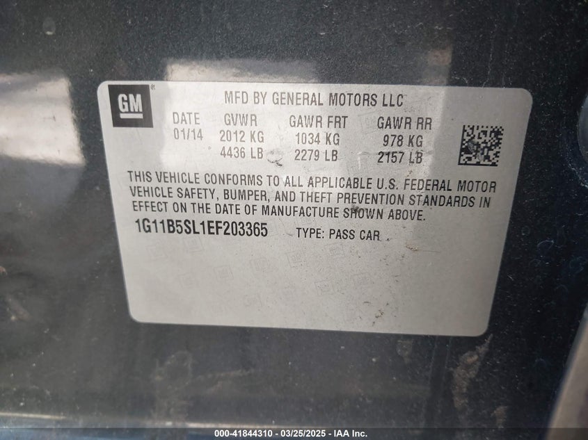 2014 Chevrolet Malibu 1Ls VIN: 1G11B5SL1EF203365 Lot: 41844310
