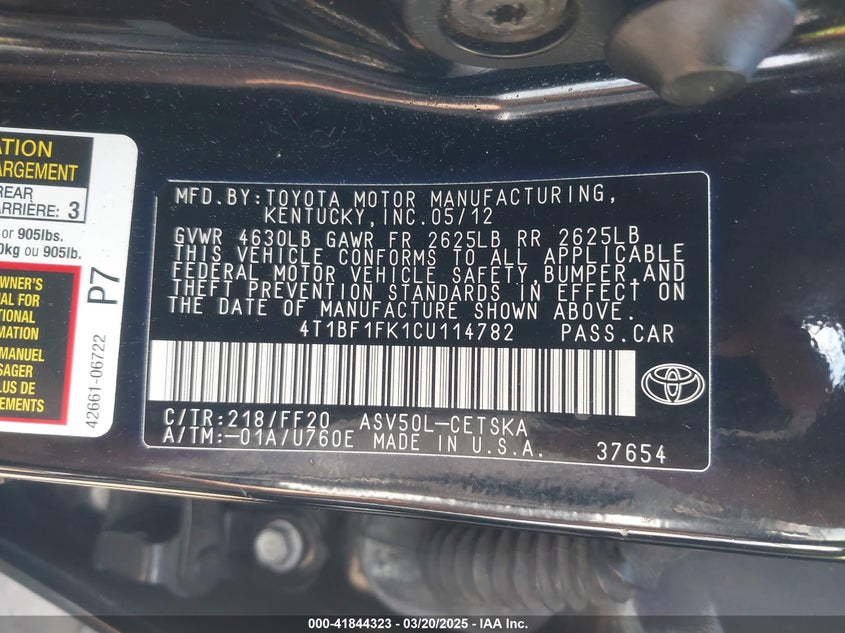 2012 TOYOTA CAMRY VIN: 4T1BF1FK1CU114782