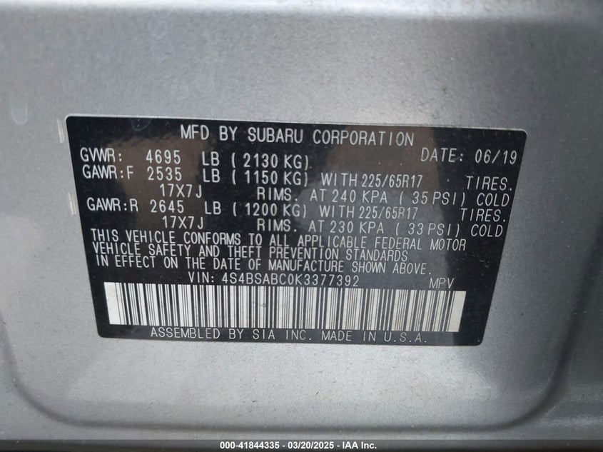 2019 SUBARU OUTBACK VIN: 4S4BSABC0K3377392