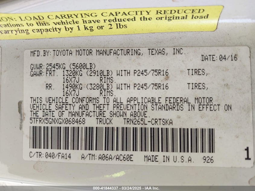2016 TOYOTA TACOMA VIN: 5TFRX5GNXGX068468