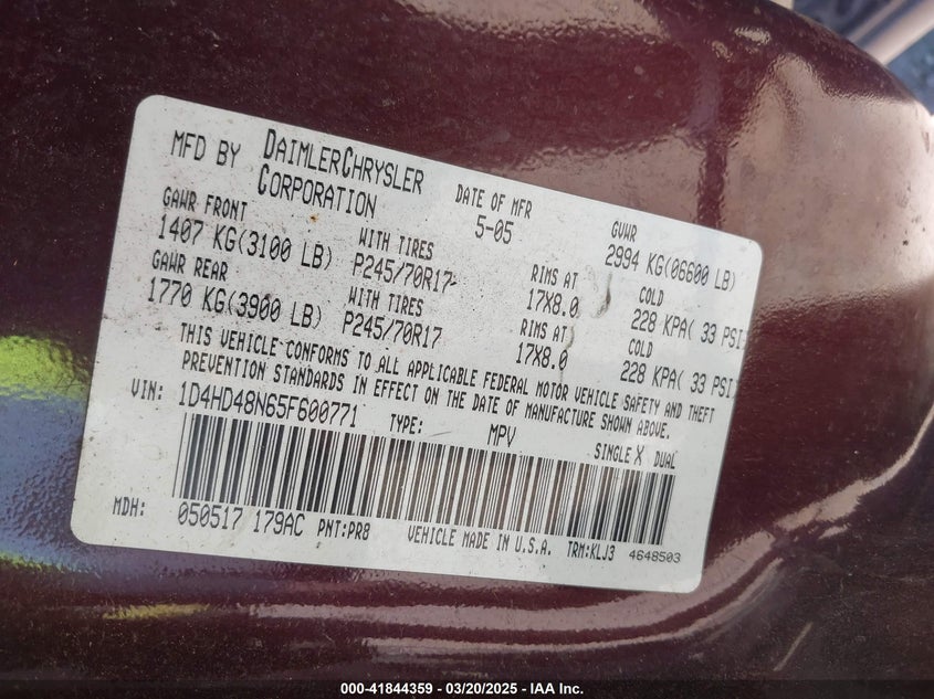 2005 Dodge Durango Slt VIN: 1D4HD48N65F600771 Lot: 41844359