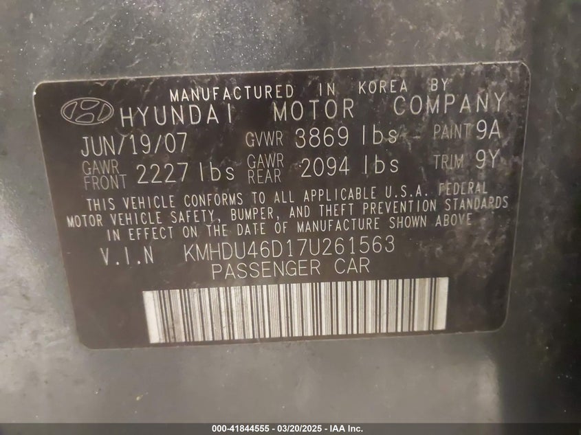 2007 HYUNDAI ELANTRA VIN: KMHDU46D17U261563
