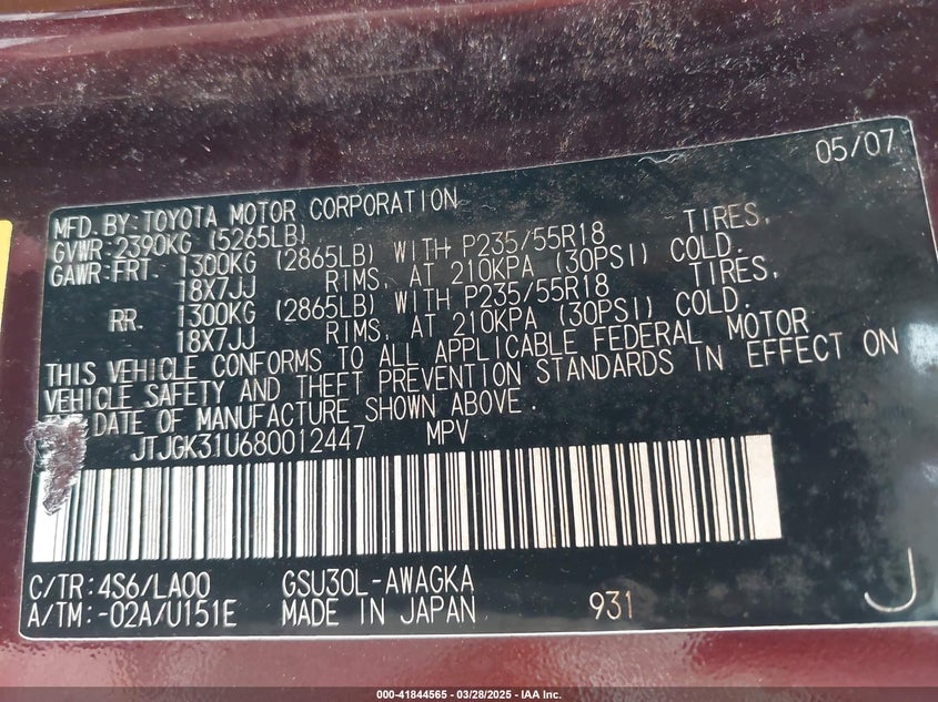 2008 Lexus Rx 350 VIN: JTJGK31U680012447 Lot: 41844565