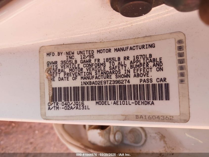 1996 Toyota Corolla VIN: 1NXBA02E9TZ396274 Lot: 41844576