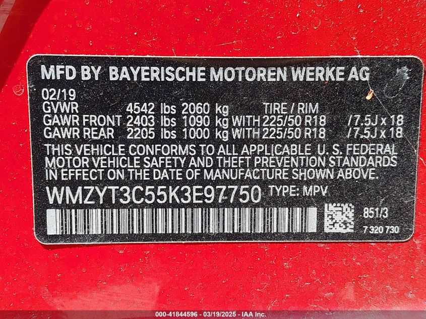 2019 Mini Countryman Cooper S VIN: WMZYT3C55K3E97750 Lot: 41844596