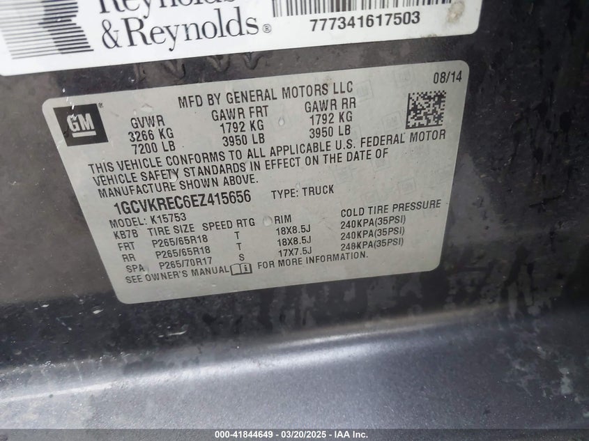 2014 CHEVROLET SILVERADO 1500 VIN: 1GCVKREC6EZ415656