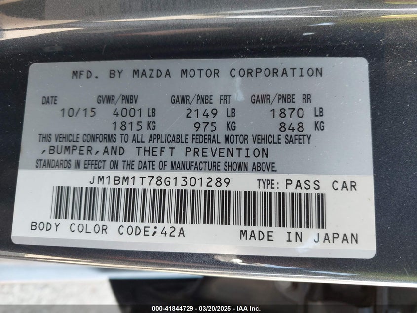2016 MAZDA 3 VIN: JM1BM1T78G1301289