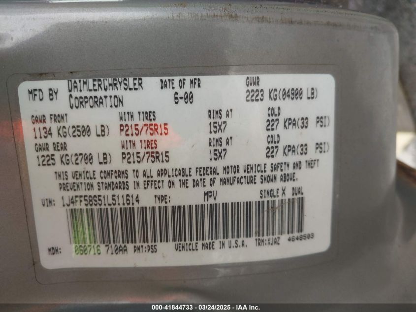 2001 Jeep Cherokee Limited/Sport VIN: 1J4FF58S51L511614 Lot: 43436589