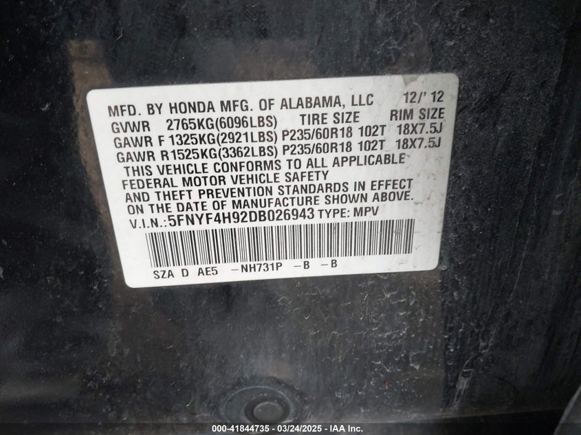 2013 HONDA PILOT TOURING - 5FNYF4H92DB026694