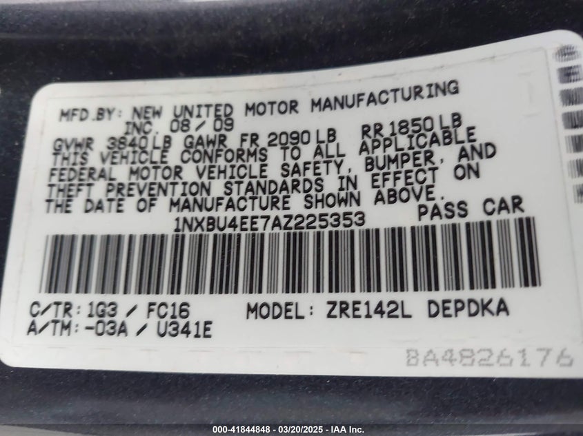 2010 TOYOTA COROLLA VIN: 1NXBU4EE7AZ225353