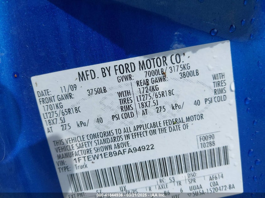 2010 FORD F-150 VIN: 1FTEW1E89AFA94922