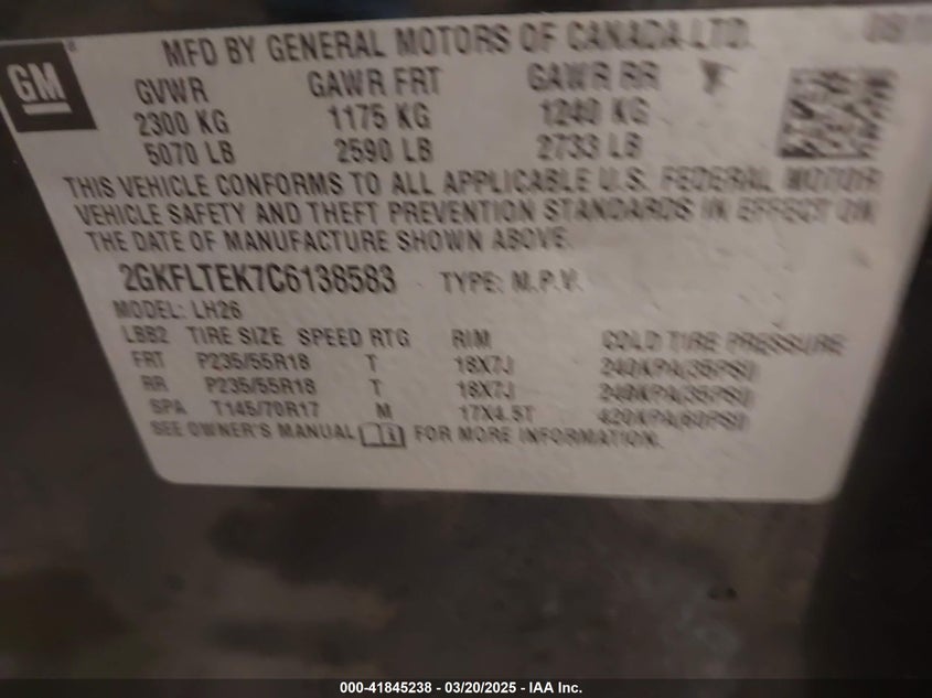2012 GMC TERRAIN VIN: 2GKFLTEK7C6138583