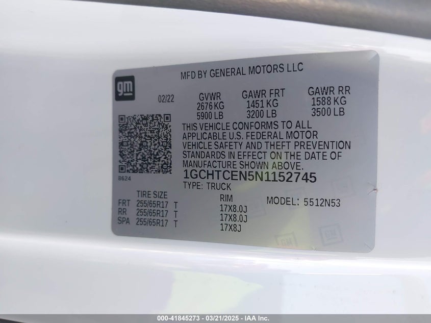 2022 CHEVROLET COLORADO VIN: 1GCHTCEN5N1152745